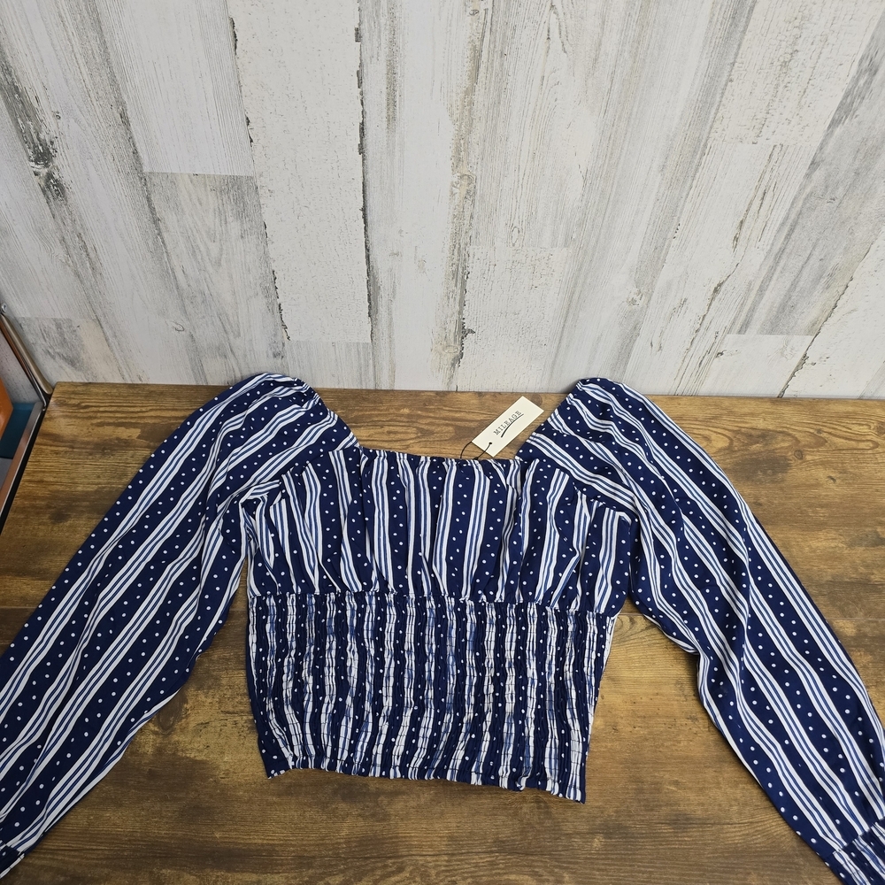 New Mileage Navy Blue Polka Dot Off The Shoulder Blouse Womens Size XL